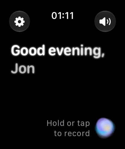 Chirp's home screen: Good evening, Jon, with the record button in the corner.