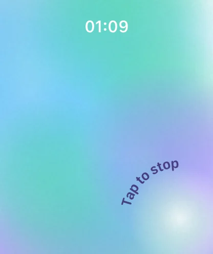 The listening screen: soft mint, blue and violet light with Tap to stop curving round the button.