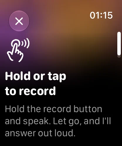 First launch: Hold or tap to record, with a brush illustration of a finger tapping.